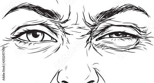 Photos Intense hand-drawn sketch of human eyes with an angry and suspicious expression, frowning eyebrows line art illustration
