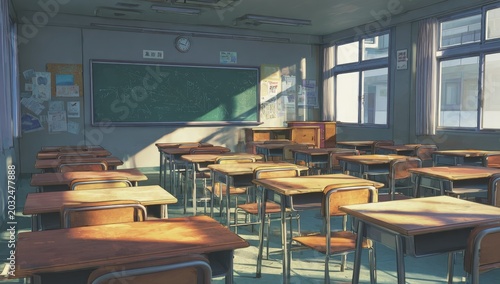 Empty classroom bathed in warm sunlight, desks arranged neatly