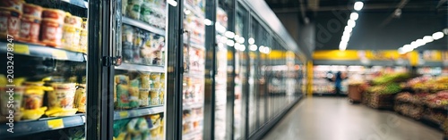 Rows of refrigerated display cases filled with various foods in a grocery store aisle