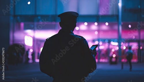 Silhouetted figure in uniform with hat looks at phone against neon-lit cityscape