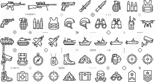 Tableau sur toile Military and Army Line Icon Set with Weapons, Vehicles, Tactical Gear and Defens