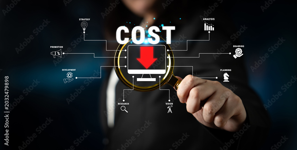Obraz premium Business Professional Presenting Financial Cost Reduction Strategies with Digital Icons and Visual Data Representation in Dark Background Quark.