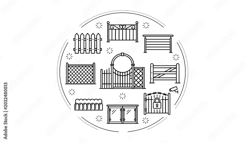 Fototapeta premium Modern fence line icons with editable outdoor and garden vector design