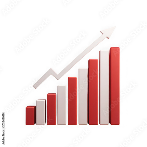 A 3D bar graph with a white arrow trending upward on a black background on transparent background