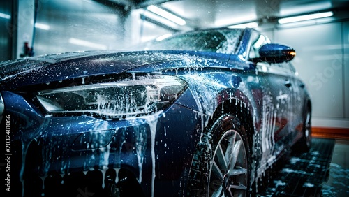 Luxury blue car inside automatic wash tunnel with active foam shampoo and high pressure water spray, dynamic close up of premium vehicle getting cleaned at modern auto wash station