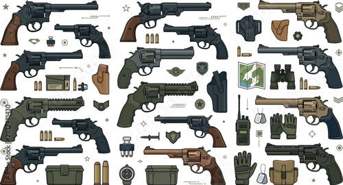 Bild auf Leinwand Revolver Pistol Vector Collection with Realistic and Flat Style Handguns, Bullet