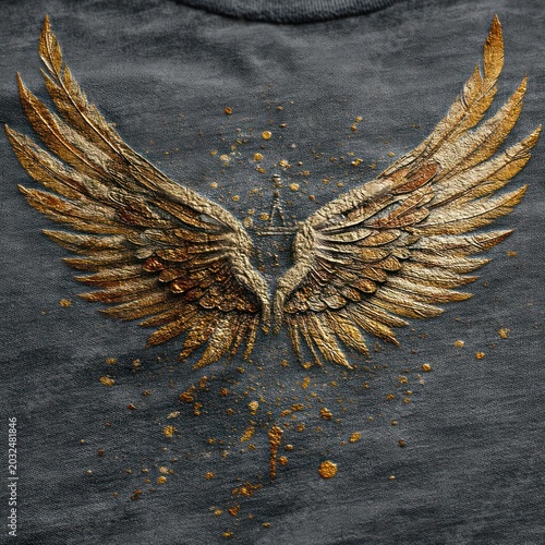 Metallic golden textured wings design adorns the center of a grey fabric shirt, splattered with gold