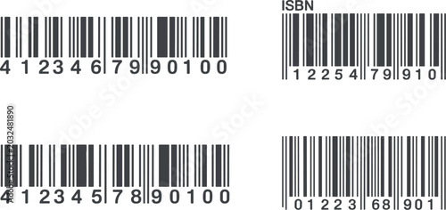 Four distinct black and white barcode with numerical sequences arranged in a grid layout on a plain white background including one label marked with the letters i s b n above the vertical bars