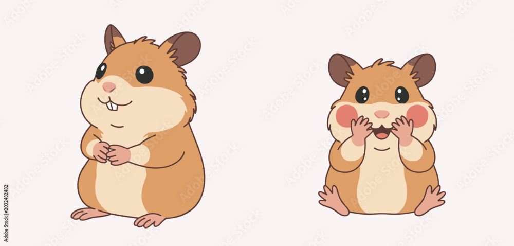 Fototapeta premium Two cartoon hamsters with brown and cream fur standing and sitting with one hamster holding its paws to its face in a surprised expression against a plain light background