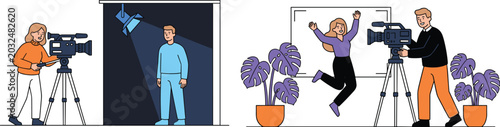 Two scenes of production featuring a camerawoman filming a man under a spotlight and a cameraman filming a woman jumping for joy in a studio with potted monstera plants in a flat style