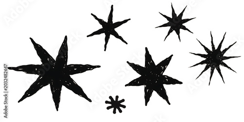 Set of hand drawn star shapes with splatter and grunge texture effects isolated on transparent background transparent background