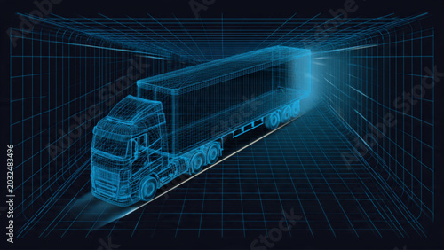 Canvas Print Futuristic digital wireframe truck in glowing blue grid with high tech design fo