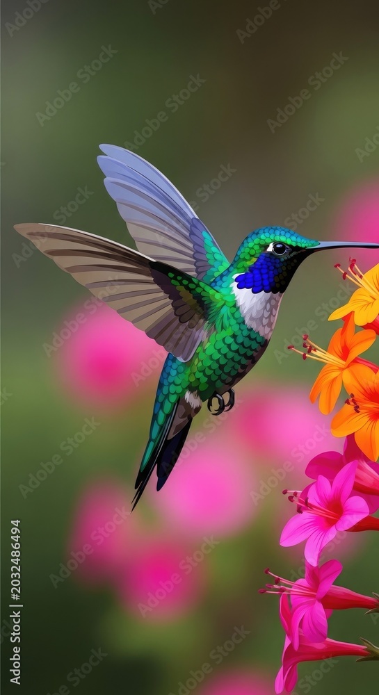 Obraz premium Iridescent green and blue small bird hovers near bright tubular blossoms for nectar