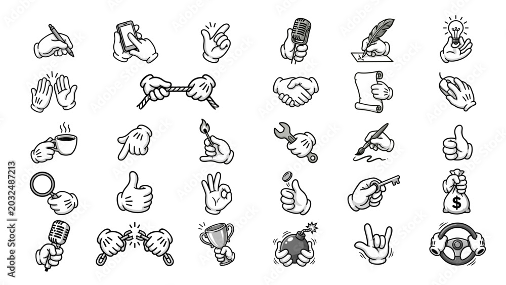 Obraz premium Cartoon gloved hands icon set. Vintage rubber hose style hand gestures holding objects like microphone, coffee cup, key, and money bag. Vector illustration.