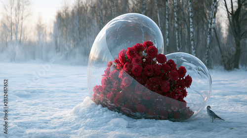 A bouquet of red roses protected by a clear plastic dome in a snowy forest