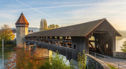 Covered wooden bridge with tower over water daytime view
