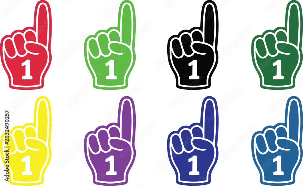 Fototapeta premium Fan foam hands number one set. Vector illustration of sports fan finger gloves with #1 sign. Collection of red, blue, green, black icons for game support. Winner champion concept.