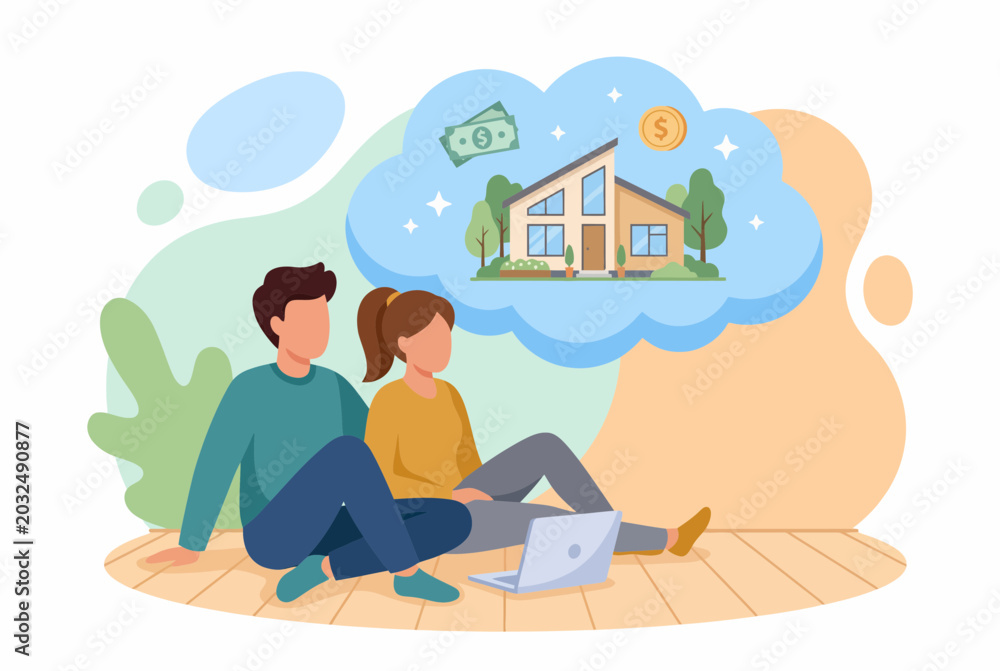 Obraz premium Couple Planning to Buy a New House Using Laptop and Financial Icons