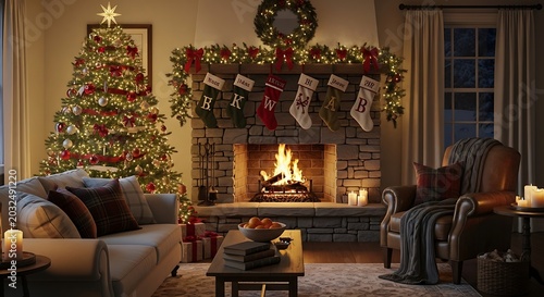 Cozy christmas living room scene with decorated tree and fireplace glow