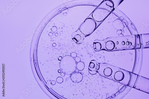 Dropper pipettes extracting purple liquid from petri dish, symbolizing scientific discovery and skincare