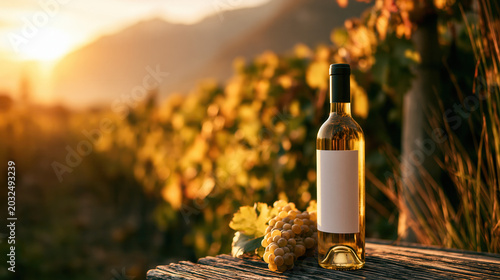 A bottle of white wine on a wooden table in a vineyard at sunset