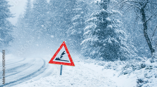 A red warning sign on a snowy road in a forest during a blizzard