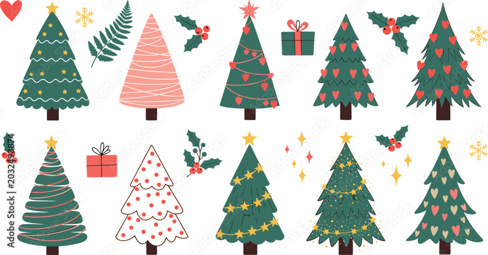 Obraz premium Hand Drawn Christmas Tree Vector Set with Cute Festive Ornaments, Stars, Hearts, Present Boxes, and Holly Berries for Winter Holiday Designs