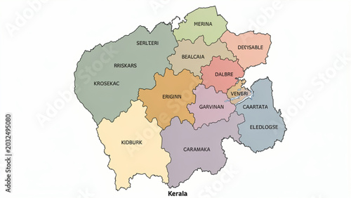 Quadro em tela Colorful map of Kerala districts with vibrant shades and clear boundaries for ed