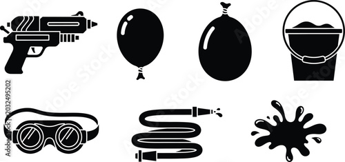Black silhouette of water gun, balloon, filled water balloon, bucket, goggles, hose, and splash sand bucket