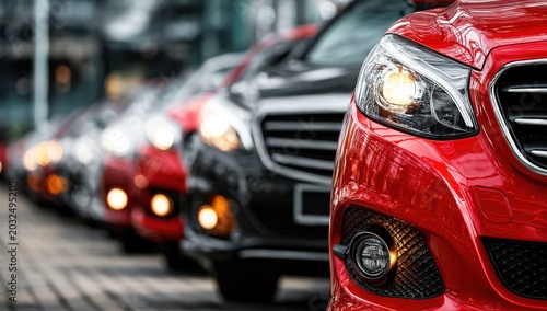 Red and black cars lined up in a row on a cobblestone street, showcasing modern automotive design and details of headlights and grilles