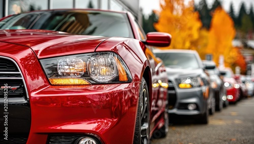 Red sports car parked in a row of vehicles on a street lined with autumn trees showcasing vibrant yellow foliage in the background