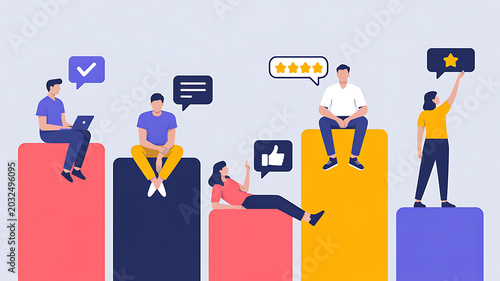 Diverse people giving feedback and ratings on bar graph stages stars like