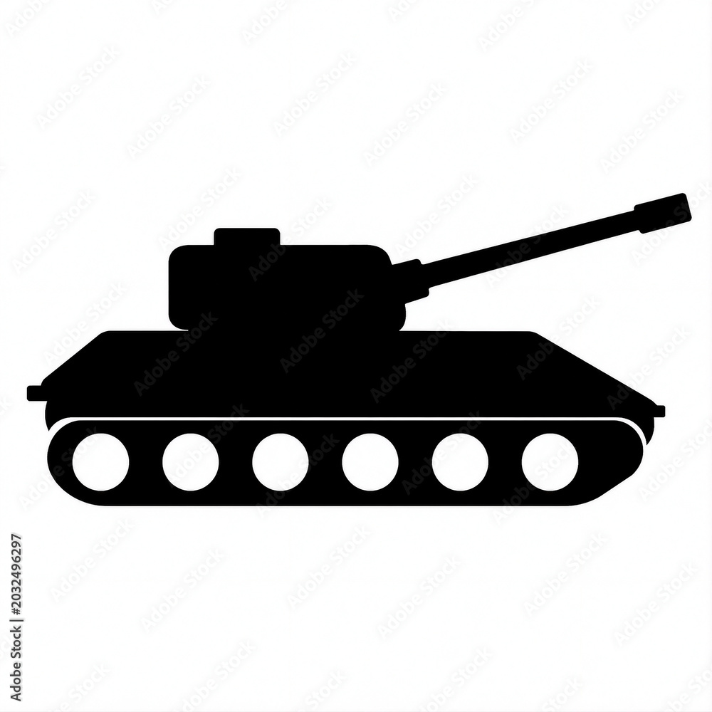 Fototapeta premium Black tank silhouette icon with cannon and caterpillar tracks on white background 