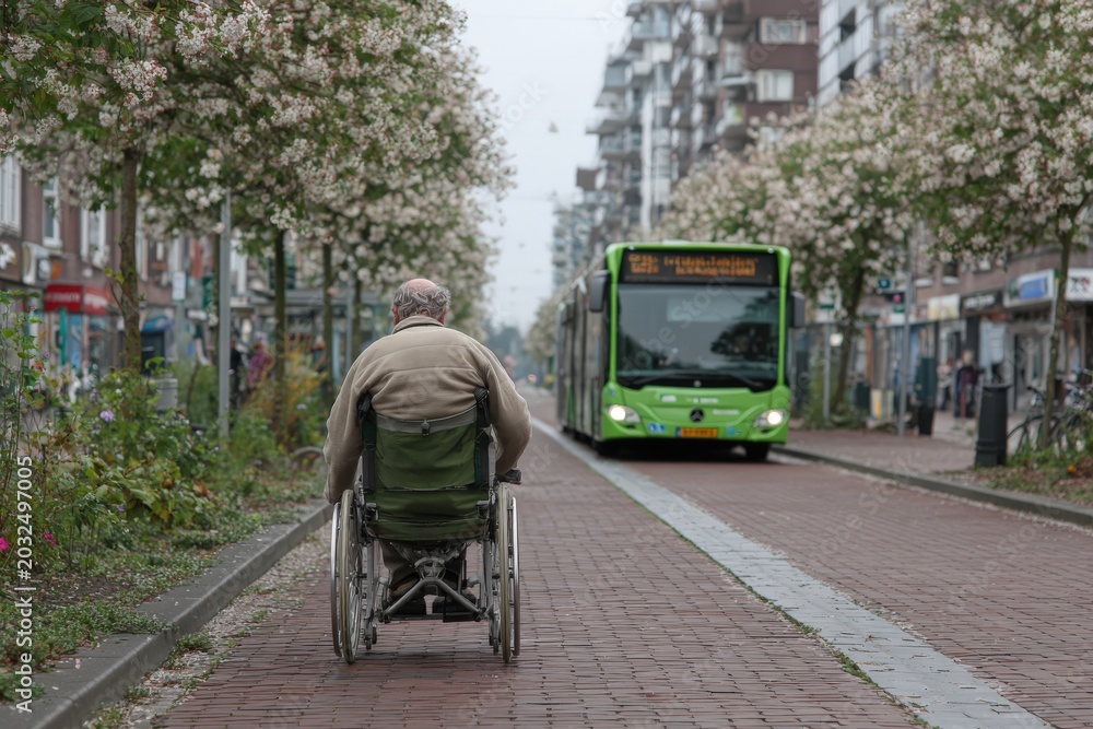 Obraz premium Elderly man in wheelchair on a brick pathway surrounded by flowering trees, with a green city bus approaching in a residential urban area