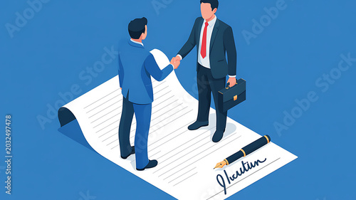 Two businessmen shaking hands over a signed contract with a briefcase and pen handshake