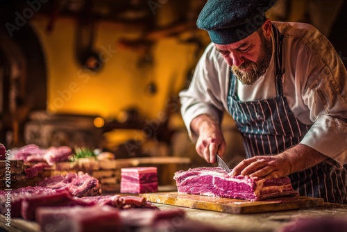 Male chef in a black hat and striped apron skillfully slices fresh meat on a wooden cutting board surrounded by various cuts of pork in a rustic kitchen