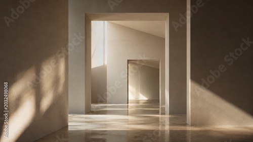 Layered Minimal Interior with Warm Sunlight and Elegant Architectural Doorways