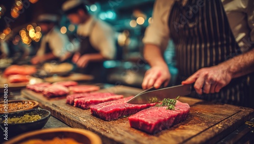 Chef in striped apron slices fresh beef steaks on wooden cutting board with herbs, kitchen staff visible in blurred background, warm lighting creates inviting atmosphere