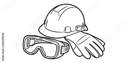 Safety hard hat helmet with protective construction goggles and work gloves line art illustration