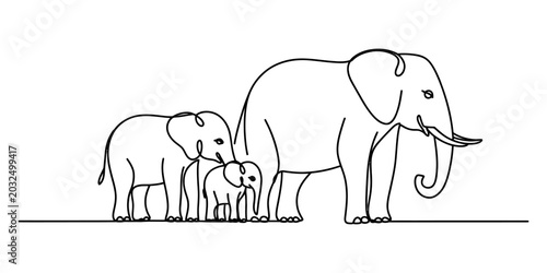 Photography Continuous single line drawing of an elephant family with mother and two baby el