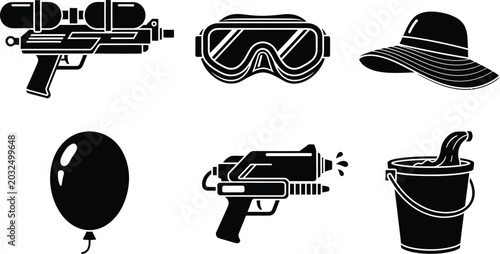Black silhouette of summer water toys, including water guns, goggles, sun hat, balloon, and bucket