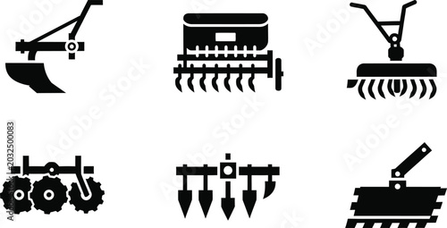 Foto Set of black agricultural machinery on white background, agriculture farm tracto
