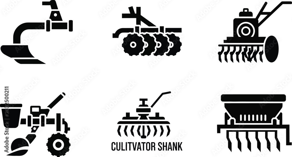 Obraz premium Set of six black depicting agricultural machinery and tools for farming and cultivation agriculture plow