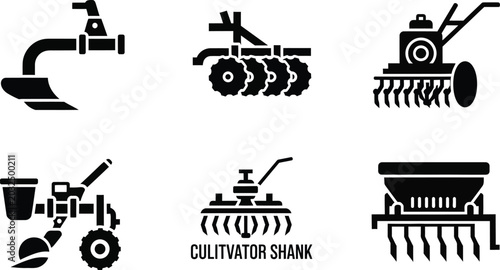 Foto Set of six black depicting agricultural machinery and tools for farming and cult