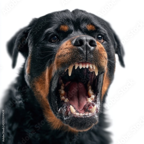 Fierce Rottweiler Dog Barks Showing Sharp Teeth White Background Studio Lighting Aggressive Animal Portrait