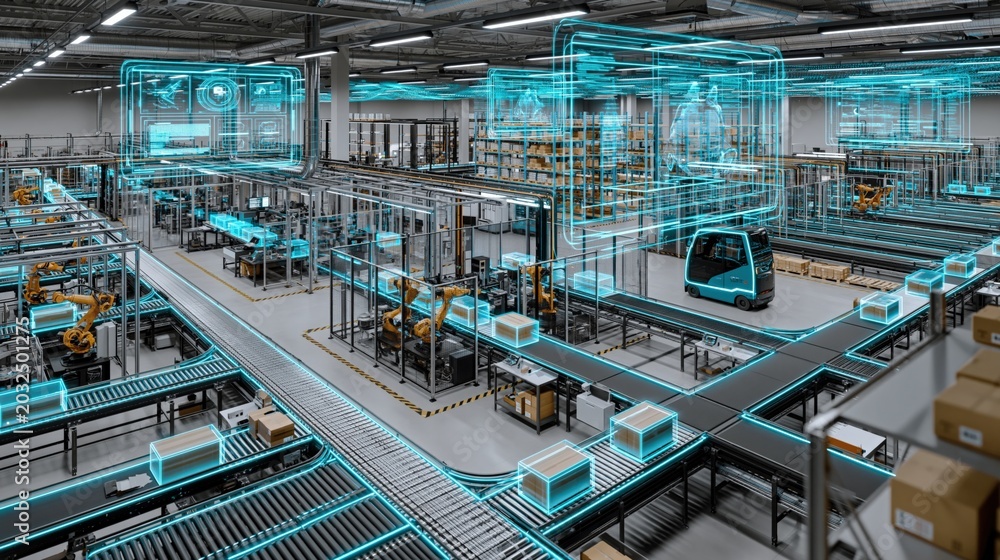 Fototapeta premium Futuristic automated factory with digital twin overlay showing smart manufacturing processes and logistics