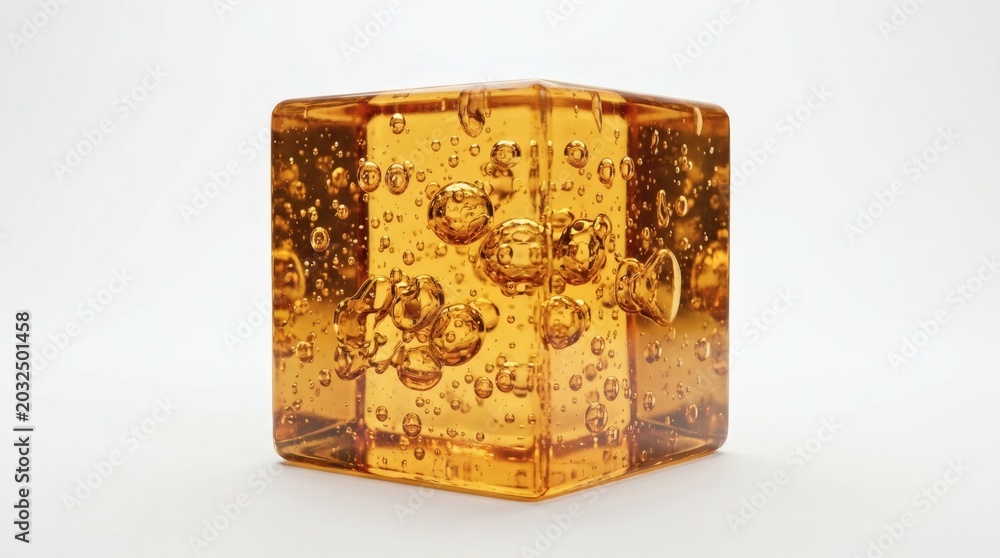 Obraz premium Amber glass cube, transparent amber block, bubble glass, decorative object