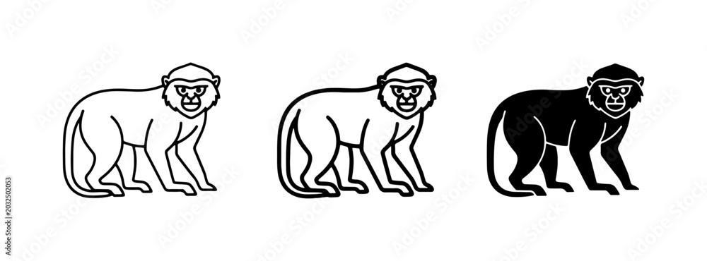 Fotografie Monkey Icons: Line Art and Silhouette Vector Graphics