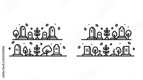 Cuadro en lienzo Cemetery gravestones and tombstones with plants and crosses in a flat vector ill