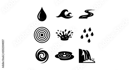 Tableau sur toile Water Icons Set: Liquid Droplet, Waves, River, Rain, Splash, Spiral, Waterfall,